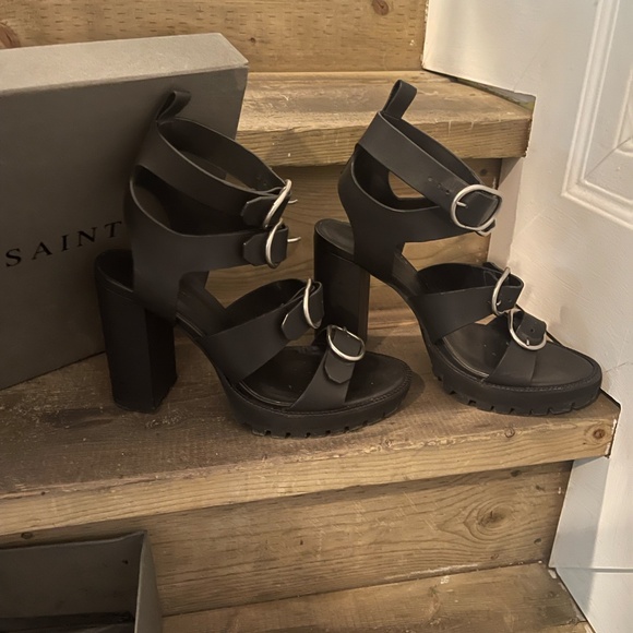 ALL SAINTS Black Leather Platform Heel Sandals - Picture 6 of 7